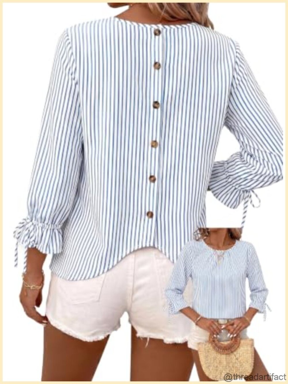 Women's Striped Blouse Crewneck 3/4 Tie Sleeve Business Casual Top